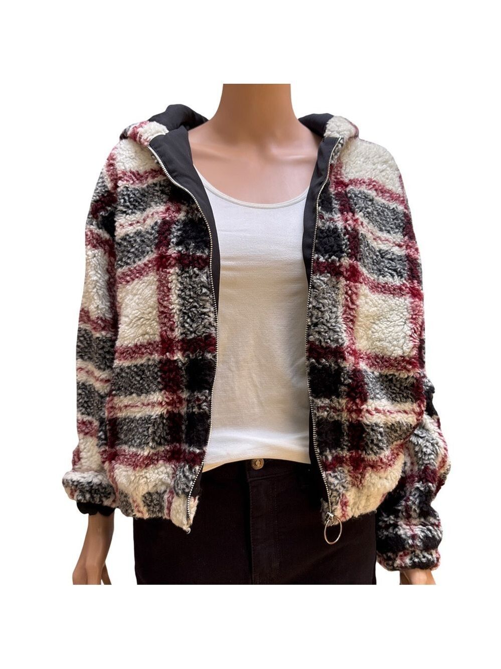Bershka Plaid Teddy Jacket - Black, Maroon, Grey, Cream Size Small